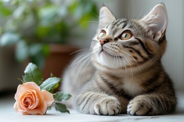 Cute Tabby Cat Lying Beside Soft Pink Rose Plant by Window