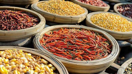 Fototapeta premium Colorful Spices Arranged in Traditional Bowls at Local Market with Sunlit Vibrancy