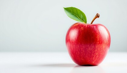 Fresh Red Apple with Green Leaf on White Background