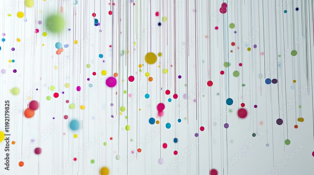 Poster colorful hanging circles on strings creating a vibrant abstract display for contemporary art and des