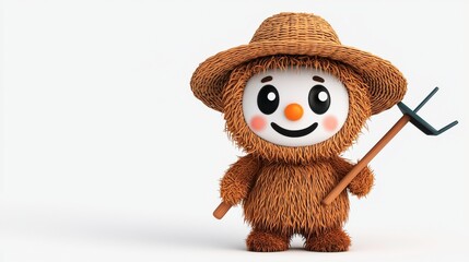 Cute Cartoon Character in Straw Hat Holding Garden Tool
