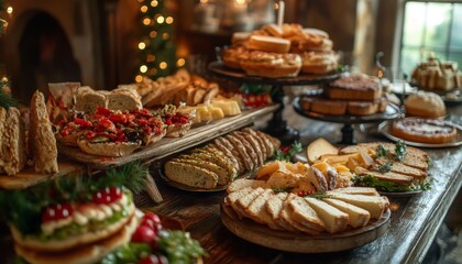 Fototapeta premium A Rustic Christmas Feast: A Bountiful Table of Festive Food