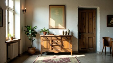 Sunlit Interior with Wooden Furniture and Plants