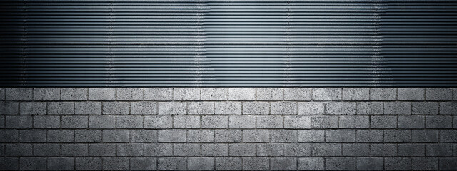 Closeup view of a black wall. Abstract pattern of a brick and corrugated metal wall