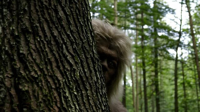 Yeti hiding behind tree