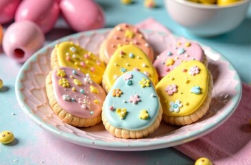 A photo of a vibrant plate filled with Easter-themed cookies shaped like eggs, decorated with colorful glazing, set on a pastel dining table setting