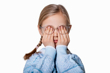 Tired Eyes in Child or Eye Strain on White Background. Eye Fatigue, Blurry Vision, Light...