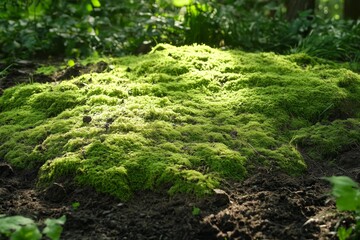Obraz premium Lush woodland scene with sunlight filtering through trees and mossy ground