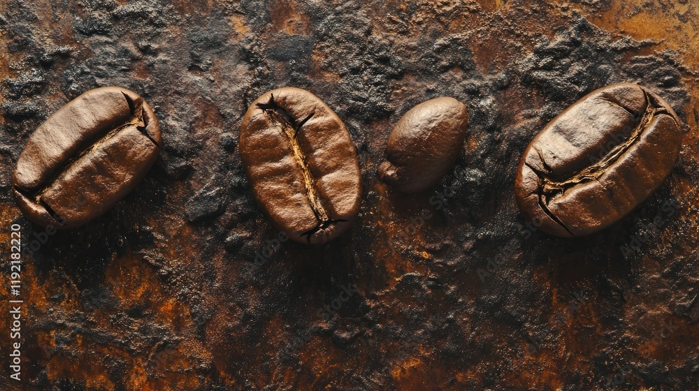 Poster close-up view of different variety coffee beans on rustic wooden table surface displaying unique tex