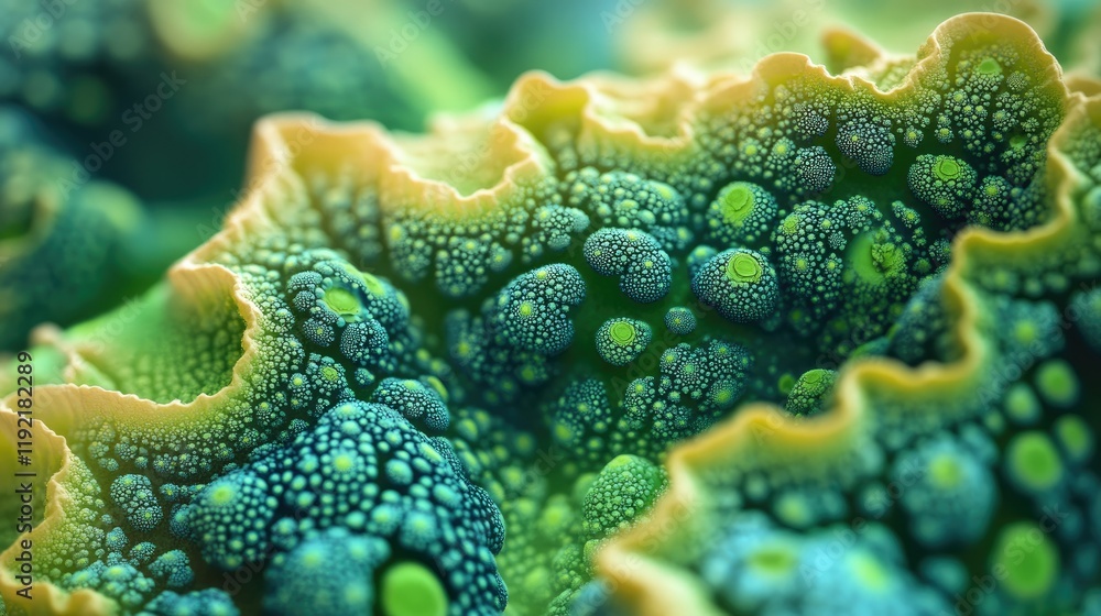 Poster close-up view of vibrant green coral texture with intricate patterns and bubbles in soft natural lig