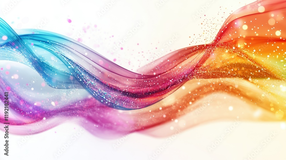 Poster Colorful Abstract Wave Background with Glittering Particles, Flowing Lines and Soft Gradient Shades Creating a Dreamy Visual Experience for Art and Design Projects
