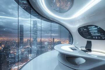 Fototapeta premium Futuristic office interior, with white curved walls and glass windows showcasing the cityscape outside. Sleek furniture, including a desk, digital screens displaying data in a holographic style. 