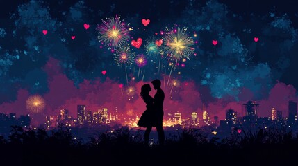 Romantic Night Cityscape with Fireworks and Silhouette Couple