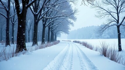 Obraz premium Serene Winter Landscape Snow-Covered Road Winding Through a Snowy Forest of Leafless Trees Under a Lightly Falling Snow