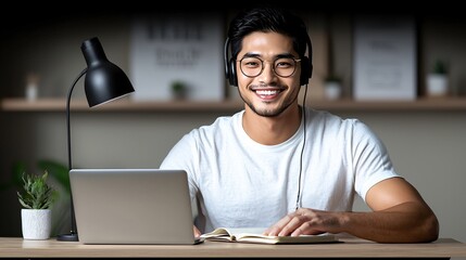 Technology lifestyle concept. Smiling man with headphones working on a laptop at a desk with a lamp and plant.