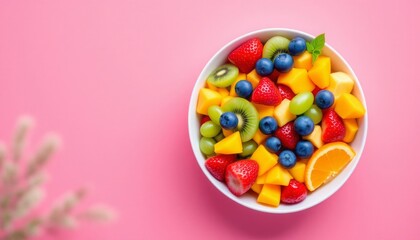 Colorful Fruit Salad in a White Bowl Against a Pink Background