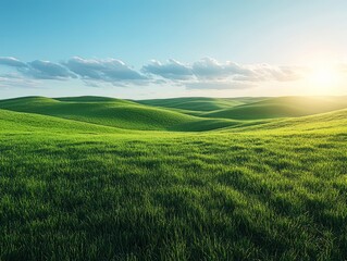 Obraz premium Green grass field at sunset illuminating rolling hills and blue sky