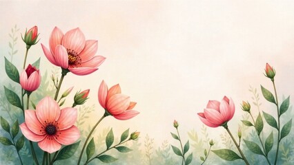 Soft Pink Blossoms in a Gentle Meadow Scene, a Delicate Floral Illustration Perfect for Springtime Designs and Gentle Announcements