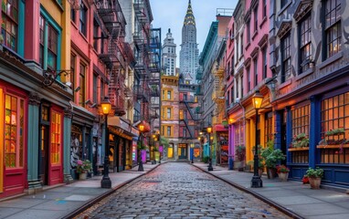 Obraz premium Colorful cobblestone street in a city with skyscrapers in the background.