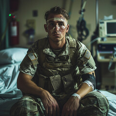 Wounded Soldier Displaying Resilience on Hospital Bed, Bandaged and Resolute, with Blurred Medical Equipment in the Background.