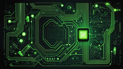 Abstract circuit board vector background with a glowing green and black palette.