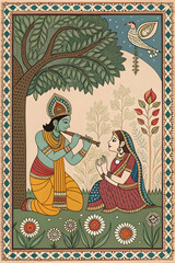 The Spiritual Connection of Radha and Krishna in Vibrant Madhubani Style.