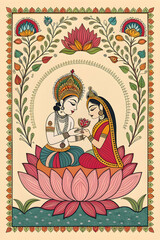 Obraz premium Radha and Krishna: Eternal Partners in the Realm of Madhubani Art
