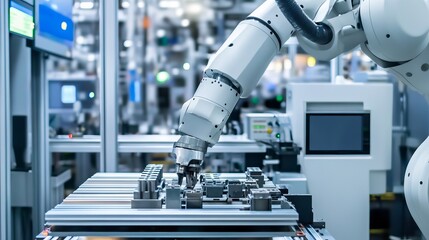 A futuristic robotic arm assembling intricate components on a high-tech assembly line, clean and orderly industrial setting, Industrial style