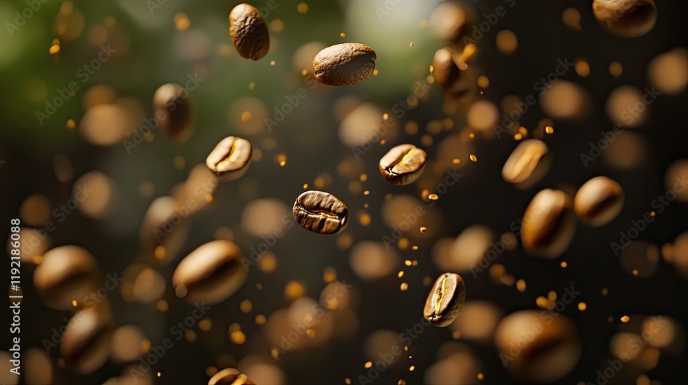 Poster floating coffee beans in motion with dynamic background and glowing particles creating an energizing