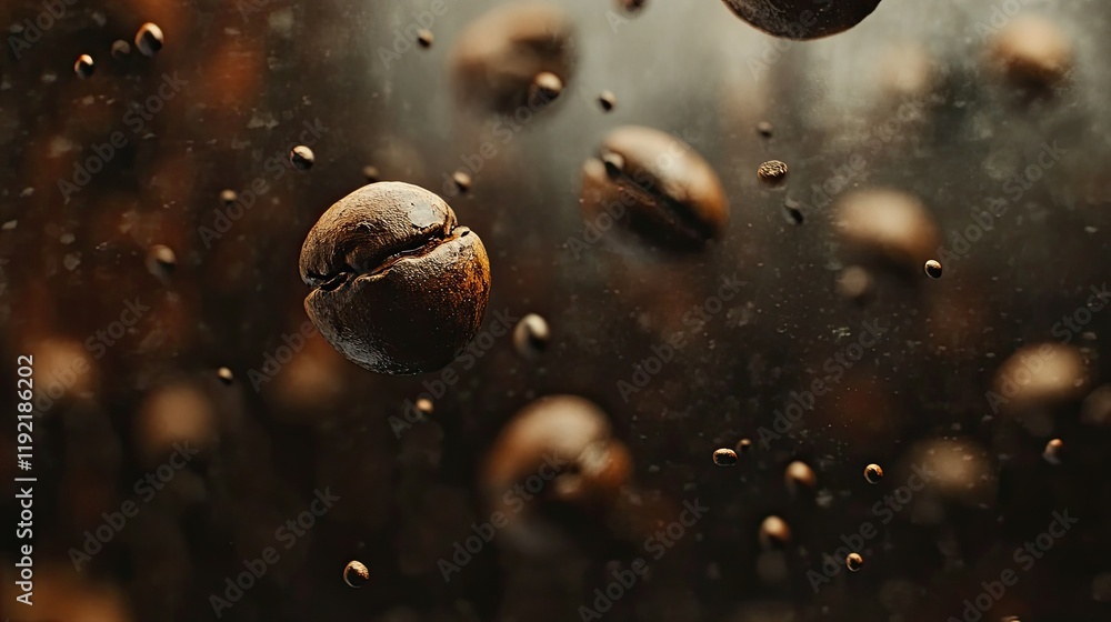 Poster abstract view of floating coffee beans in a dimly lit environment, capturing the essence of aromatic
