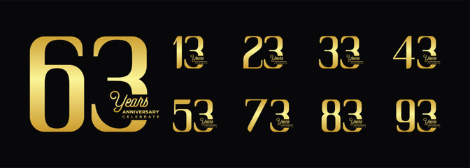 Collection of Anniversary Logo Designs with gold numbers on a black background for celebration events, congratulations, invitations, 3rd to 93rd anniversary logos