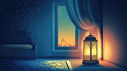 Serene Nighttime Bedroom Scene with Lantern and City View