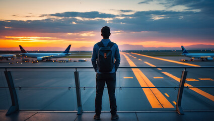 traveler standing at airport observation deck, gazing at runway during sunset. scene captures sense of anticipation and adventure