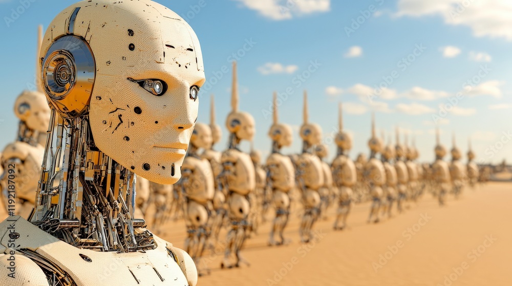 Poster futuristic robots in desert landscape under blue sky with clouds and a line of humanoid robots