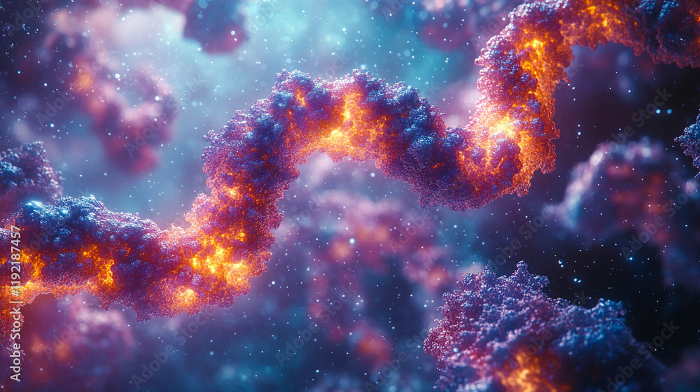 Poster a three-dimensional model of a molecule, stylized as a virus. the molecule has a spiral shape, consi