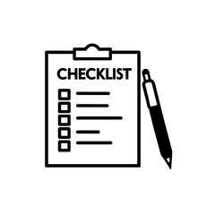 Minimalistic black-and-white checklist illustration with pen symbolizing task management on plain background