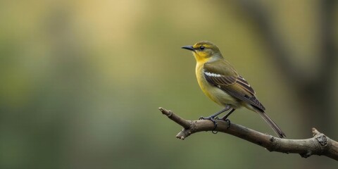 Naklejka premium A Small Yellow-Breasted Bird Perched on a Twig, Enjoying a Moment of Tranquility in a Serene Natural Environment