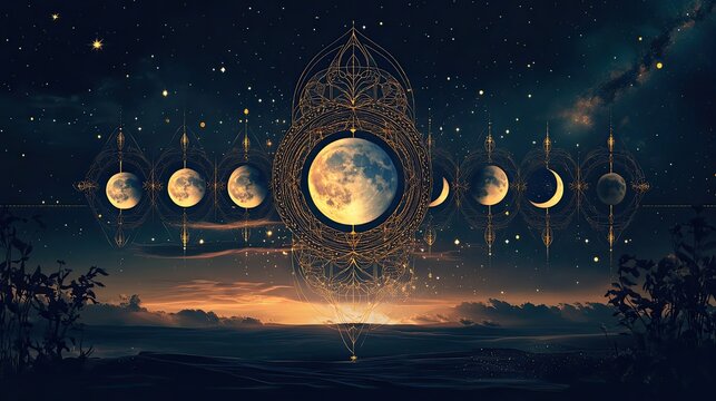 Celestial Mandala Depicting Lunar Phases Against Starry Night Sky
