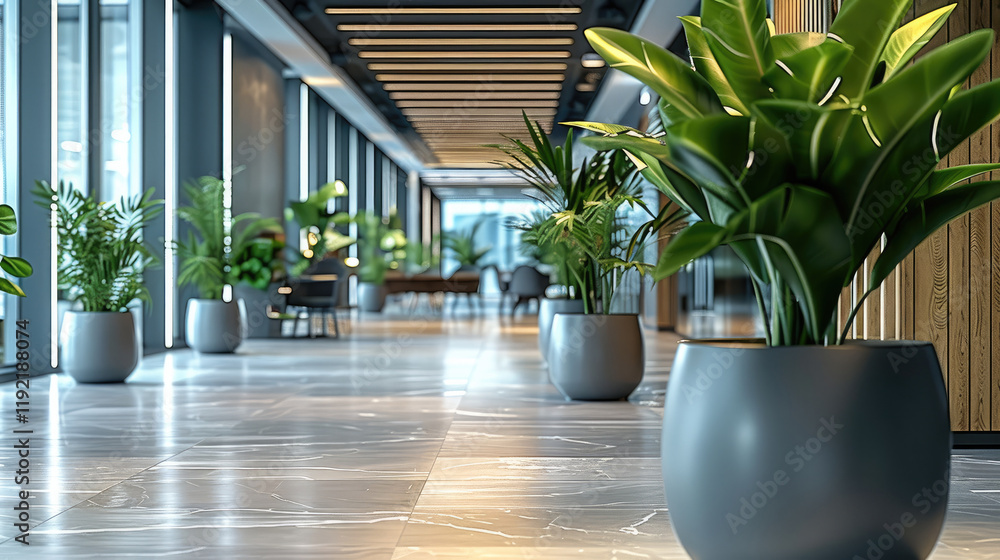Poster office with workplaces and artificial plants in pots.