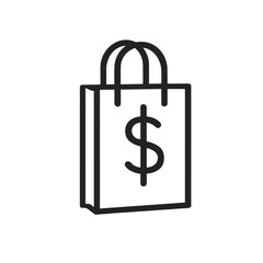 Minimalistic black-and-white shopping bag illustration with dollar sign symbolizing retail on plain background