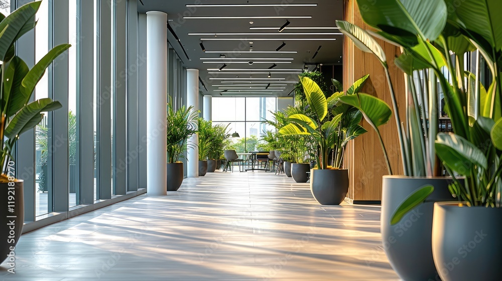 Poster office with workplaces and artificial plants in pots.