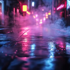 Wet asphalt, reflection of neon lights, a searchlight, smoke. Abstract light in a dark empty street with smoke, smog. Dark background scene of empty street, night view, night city.