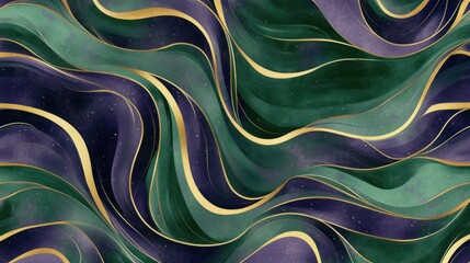 A sophisticated seamless marble pattern with swirling green and purple tones, accented by fine gold lines for a rich and stylish aesthetic