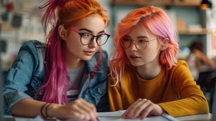 Two young women with vibrant pink and red hair work together on a project in a bright modern studio They are actively collaborating brainstorming and discussing ideas in creative and dynamic setting.