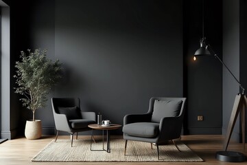 Modern Scandinavian small window and minimalist living room interior. Black empty room with copy space wall