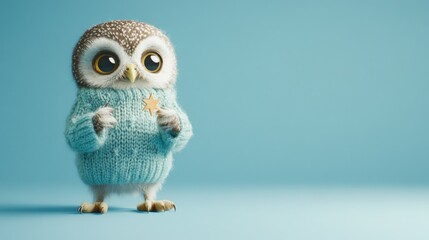 Obraz premium Adorable owl wearing a teal knitted sweater holds a star. Perfect for winter holidays, children's books, or whimsical designs.