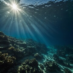 Obraz premium A deep ocean scene with sunlight streaming through the water.