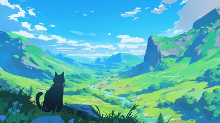 Black Cat Contemplates a Serene Green Valley Landscape from a Mountain Perch