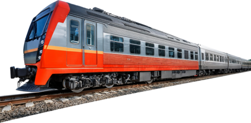 Modern Passenger Train Red and Silver Railcar on Tracks Railway Transportation