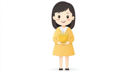 Fototapeta premium Happy Young Woman in Yellow Dress Holding a Package with a Cheerful Smile, Vector Illustration
